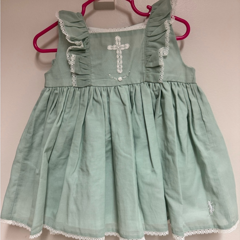 Well Dressed Wolf Green Dress with Lace Trim and Cross Embroidery, bloomer set